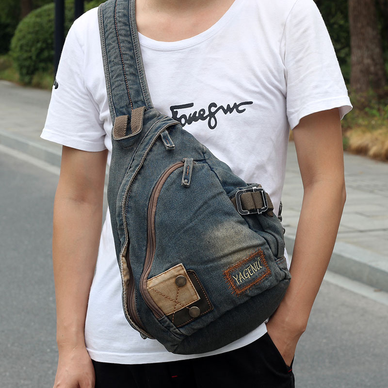 Denim Chest Bag Male Korean Version Tide 2021 New Casual Canvas Single Shoulder Bag Retro Chest Front Bag Women's Shoulder Bag Slanted Satchel Bag