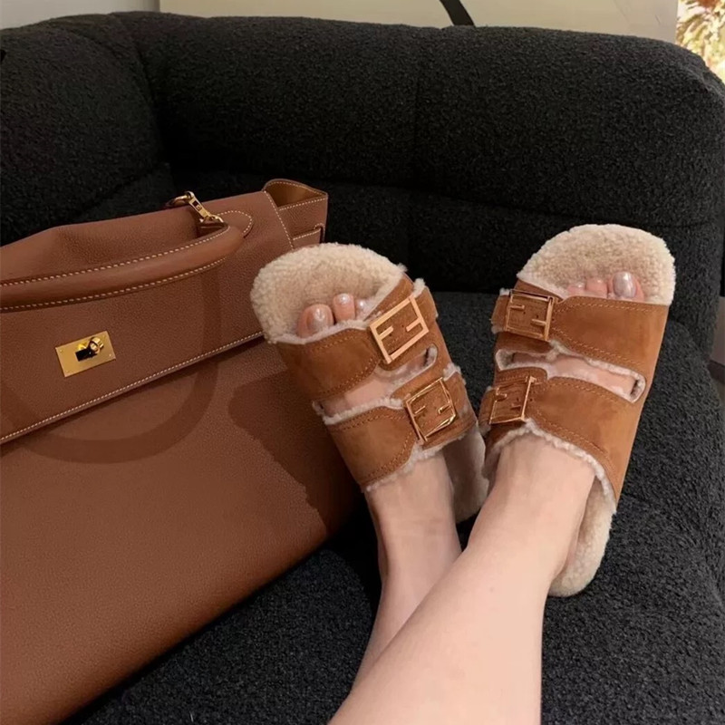Flat-Soled Sheepskin Integrated Fur Slippers for Women 2025 Autumn New Genuine Leather Casual Versatile Open-Toe Slippers