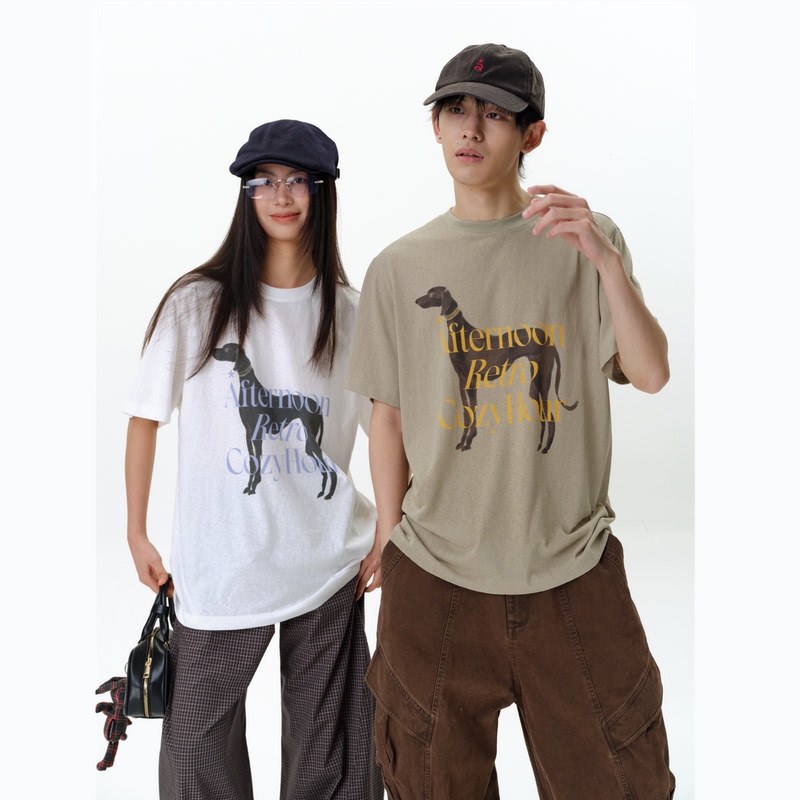 Roaringwild a Arch Roaring Beast Retro Color-Blocking Dog Print Top Couple Short-Sleeve T-Shirt for Men