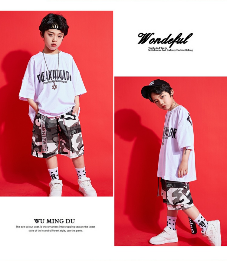 Khiêu vũ đường phố cho bé trai hiphop Trẻ em tay ngắn Jazz Dance Hip Hop Street Dance Ngụy trang Trang phục biểu diễn - Trang phục thời trang cho bé gái