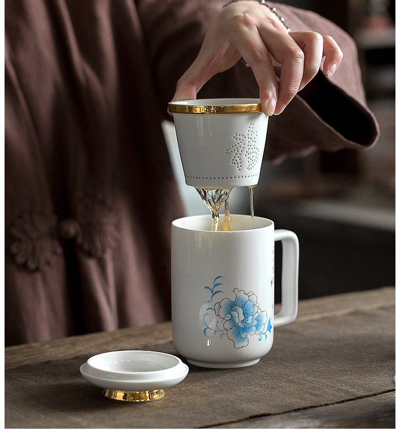 Tang's white porcelain ceramic cups longjing tea pot office large capacity belt hook conference room gift tea set