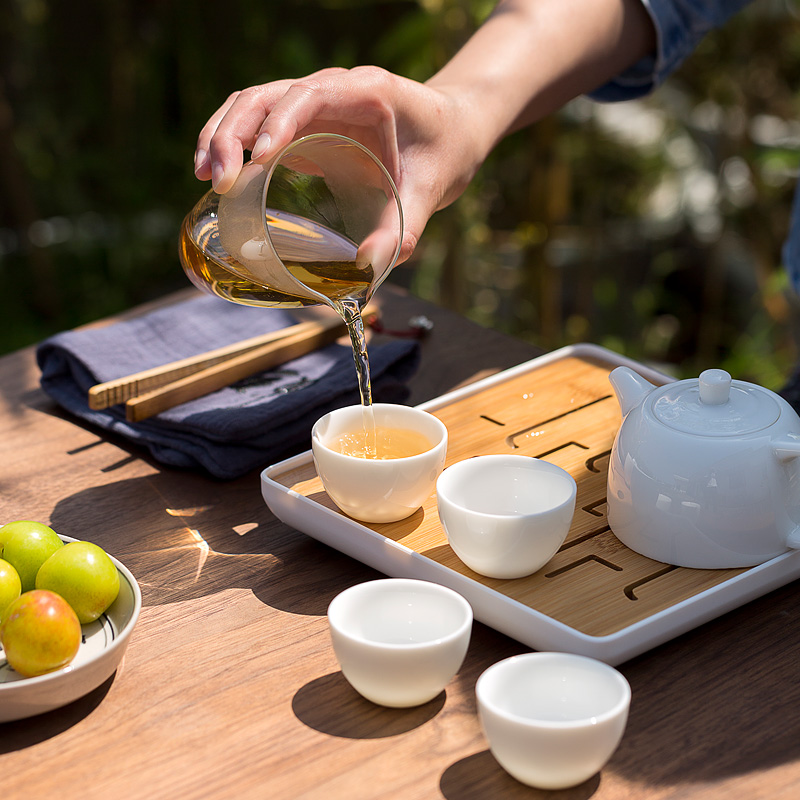 Tang's white porcelain contracted travel tea set suit portable kung fu tea caddy fixings tea tray glass cup home