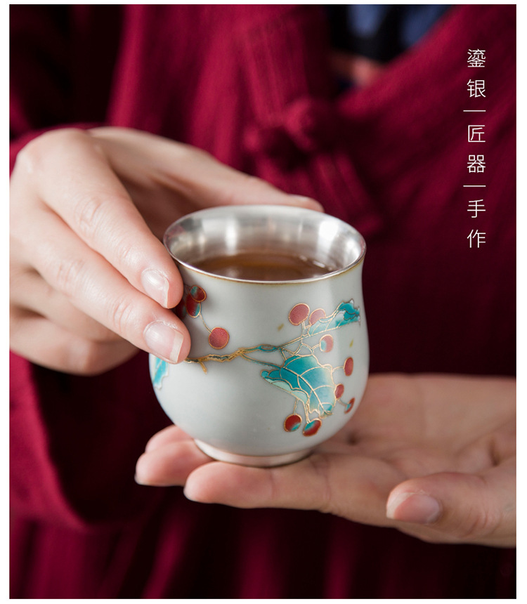 Tang fish tasted silver gilding master cup single CPU getting large ceramic kung fu tea cup pure manual sample tea cup silver cup