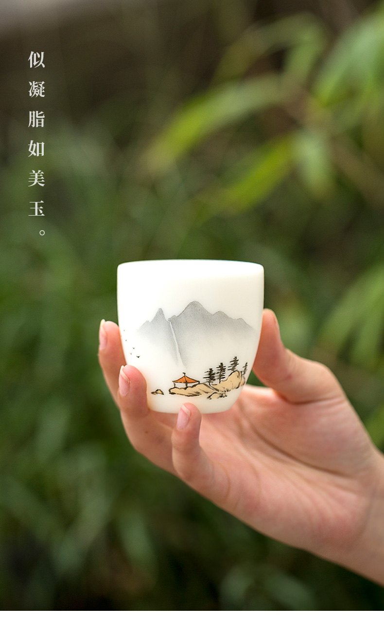 Tang s hand - made landscape suet jade white porcelain masters cup cup kung fu tea cup pure checking ceramic tea cup