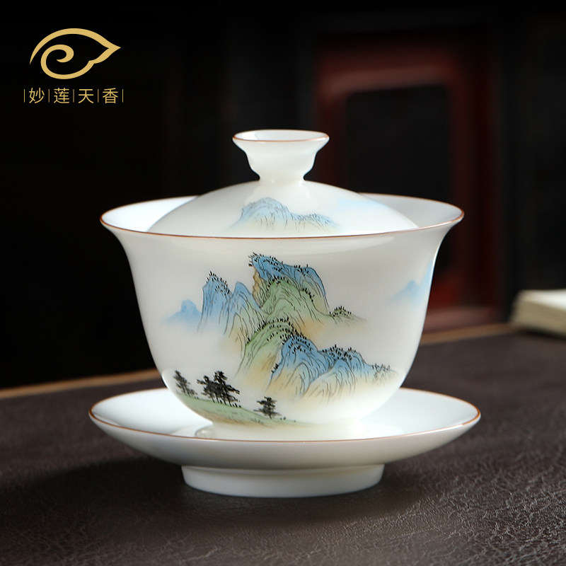 Inexplician Sky Incense Master Hand-painted Goat Grease Jade Porcelain only this green lid bowl single three-only cover bowl tea bowl Kung Fu tea set-Taobao