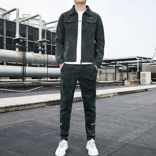 Демисезонный спортивный комплект, вельветовая бархатная куртка, мужские утепленные повседневные брюки, мужской стиль