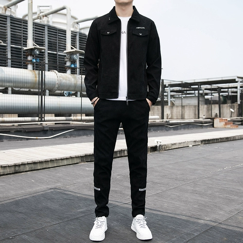 Демисезонный спортивный комплект, вельветовая бархатная куртка, мужские утепленные повседневные брюки, мужской стиль