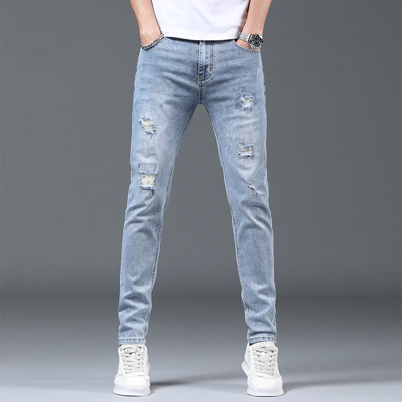 Light color torn jeans for men slim slim feet 2021 summer thin loose straight trousers for men Korean edition trend