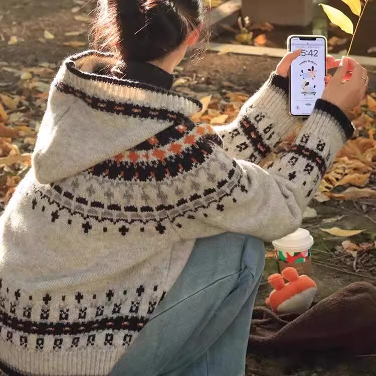 Retro Fair Isle Sweater Knitted Cardigan Jacket Barn Style Women's Autumn and Winter 2025 New Christmas Outfit