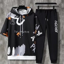 Summer Mens Sets Korean Fashion Hooded outfit Set Short Sle