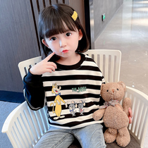 Girls T-shirt Long sleeves 2021 New autumn clothes Boys foreign air Leisure Bottoms Shirts Fake two children striped blouses