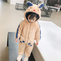 Childrens conjoined pajamas autumn and winter clothes baby flannel sleeping bag plus velvet toppadded girl coral velvet home wear