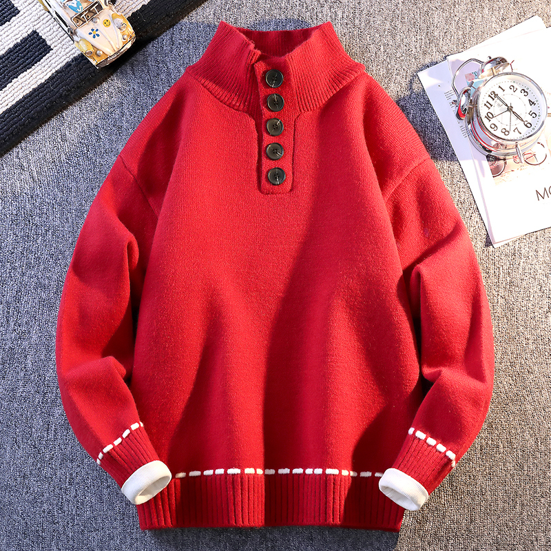Bright Red Stand-Up Collar Half-Open Sweater for Men, Lazy Style Buttoned Knitwear, Loose Fit for Autumn and Winter Bright Red Stand-Up Collar Half-Open Sweater for Men, Lazy Style Buttoned Knitwear, Loose Fit for Autumn and Winter