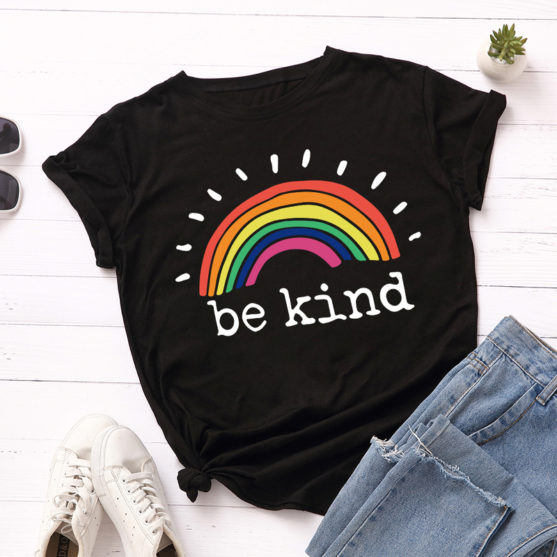 In-Stock European and American Women's Clothing Women's T-Shirt Rainbow Be Kind Loose Thin Short-Sleeved Thin T-Shirt for Women