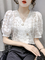 womens lace top summer 2021 new elegant fashion v-neck sweet versatile fairy skinny bubble short sleeve