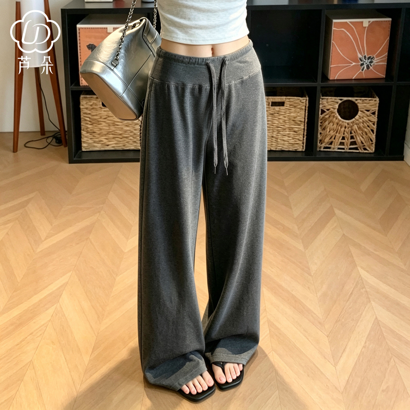 Gray Straight-Leg Sports Pants for Women, Summer High-Waisted, Drapey, Casual, Petite, Slimming, Yoga, Autumn Wide-Leg Sweatpants