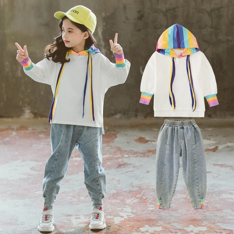 UK Next Kiss girl's early fall suit 2019 Korean version of the new color Lianhood sweatshirt jeans suit