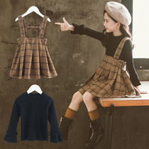 UK Next Kiss 2019 Autumn New Girls Plaid Strap Skirt Set Korean Edition Medium and Old Children Two-Piece Set