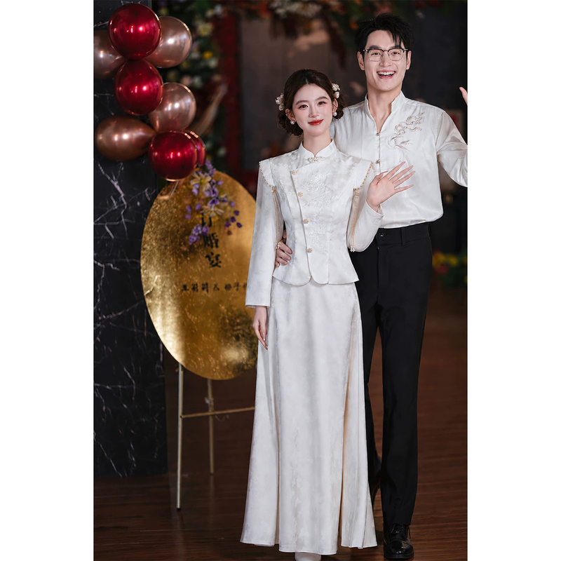 New Chinese-Style Improved Cheongsam Dress for Bride, Engagement Dress, Wedding Long-Sleeve Set, Post-Wedding Thank-You Attire