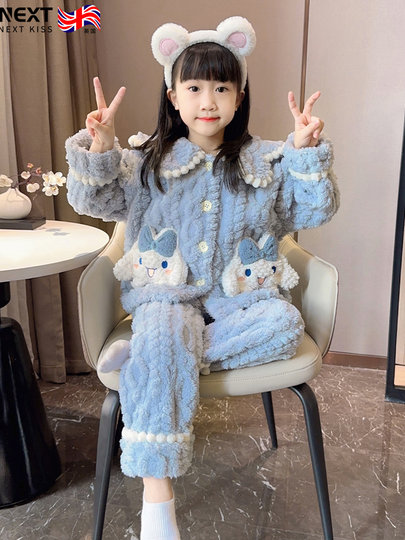 Korean Uamtor Kidsren's Pajamas Autumn and Winter New Coral Velvet Thickeneded Flannel Girls Home Wear Set