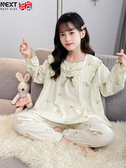 Korean Uamtor Kidsren's Pajamas Long-Sleeved Autum Pure Cotton Little Girls' Middle and Large Kidsren's Cotton Home Clothes Set