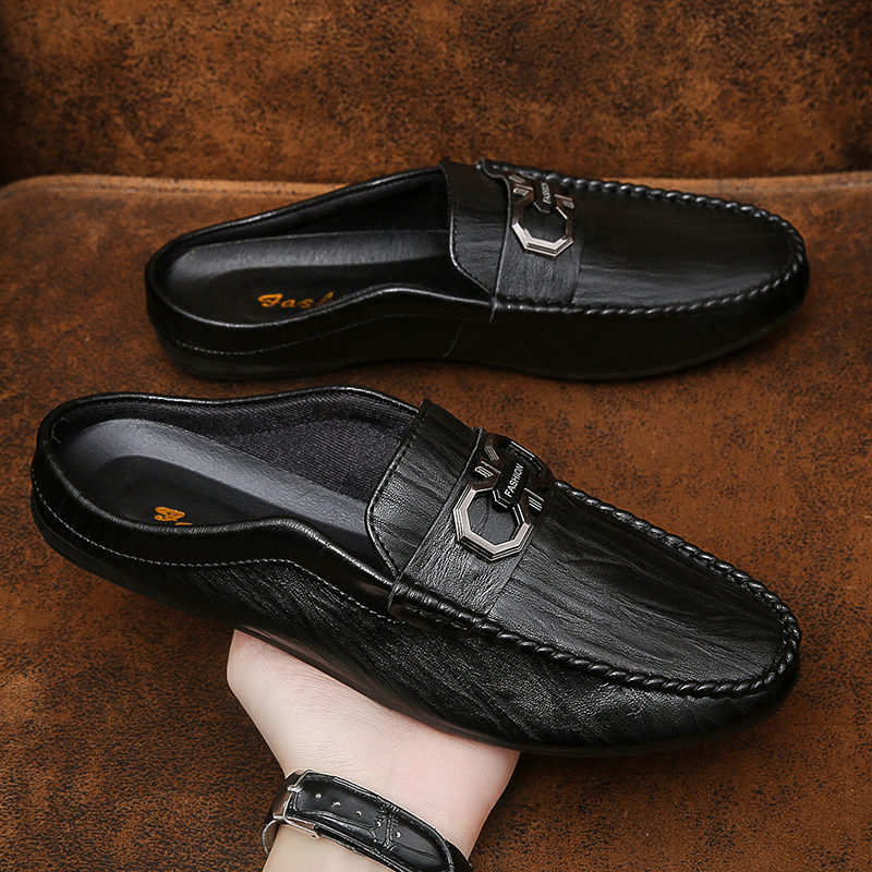 2025 Summer New Breathable Slip-On Loafers Without Heel, Men's Casual Leather Shoes, Leather Mules
