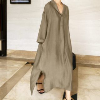 Ready stock korean lazy style long dress summer large size loose slim linen cotton shirt dress for women
