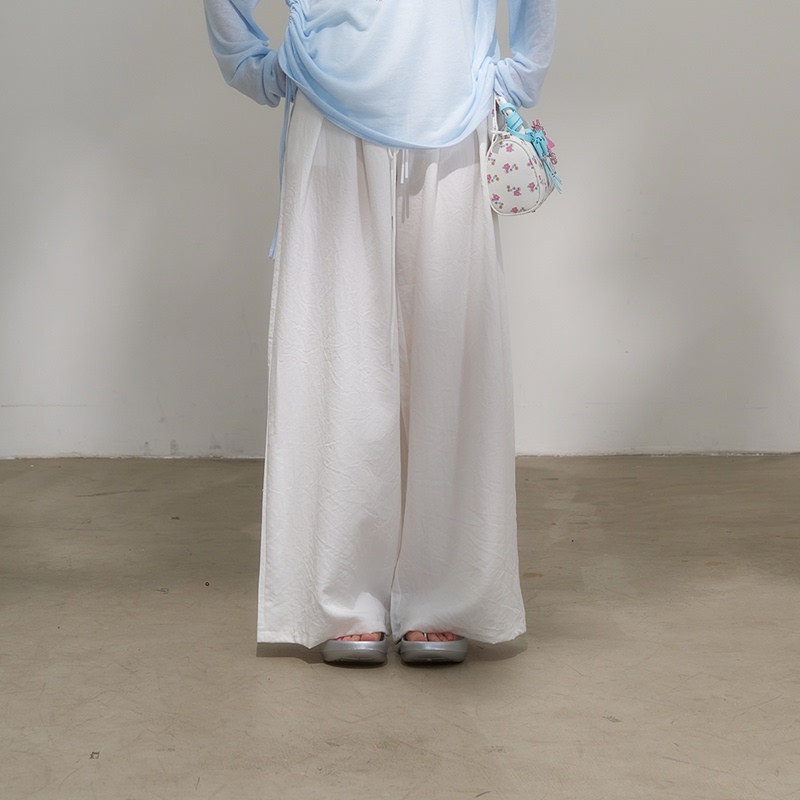 Insliisa Petite High-Waisted Thin Summer Casual Pants for Women, Niche Cotton and Linen Drawstring Korean-Style Floor-Length Pants