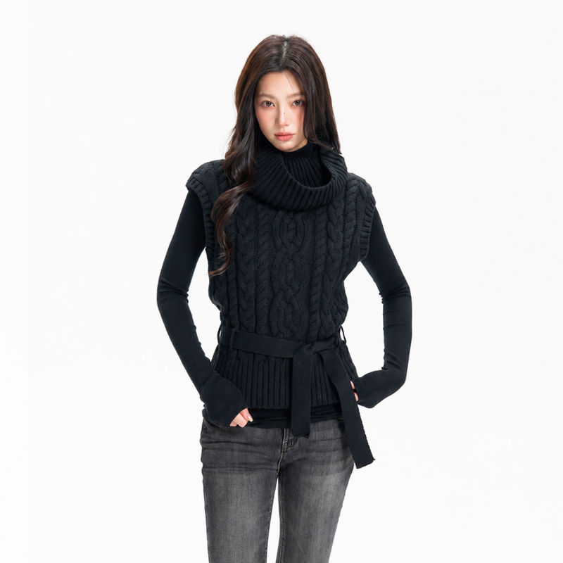 Insliisa Hemp Flower High-Neck Belted Cable Knit Vest Autumn Sweater Vest Woven Three-Dimensional Small Flutter Sleeve Top Insliisa Hemp Flower High-Neck Belted Cable Knit Vest Autumn Sweater Vest Woven Three-Dimensional Small Flutter Sleeve Top