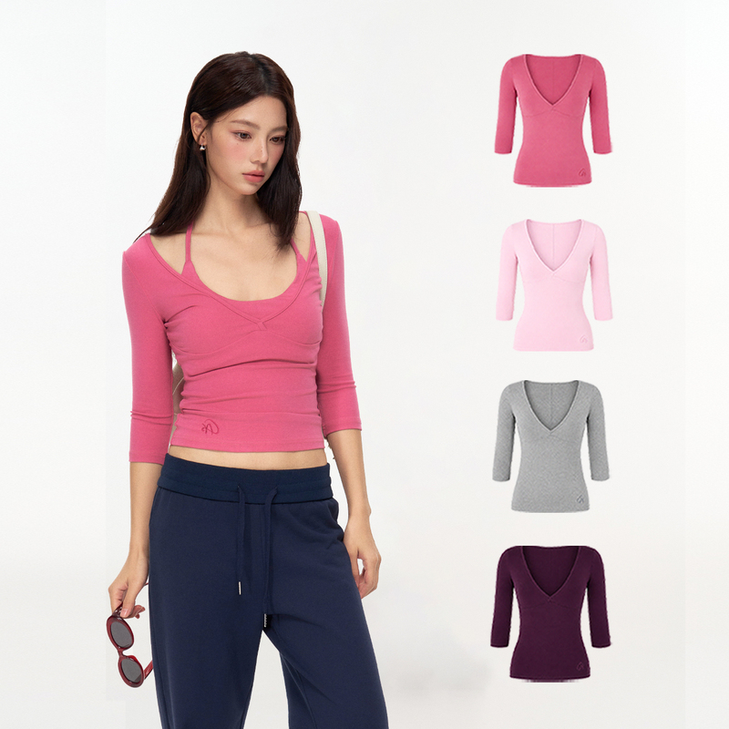 Insliisa American-Style Design Three-Quarter Sleeve Slim-Fit V-Neck Top Women's Hot Girl Camisole Casual Set