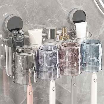 Suction Cup Toothbrush Holder, No-Drill Bathroom Rack with Handle, Toothbrush Cup, Mouthwash Cup Holder, Wall-Mounted Toothbrush Rack