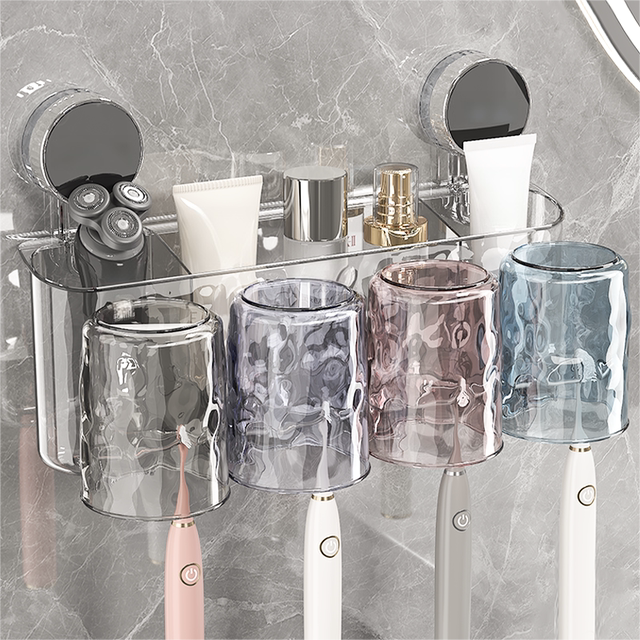 Suction cup toothbrush storage rack without punching bathroom brushing cup with handle and mouthwash cup rack wall-mounted toothbrush holder