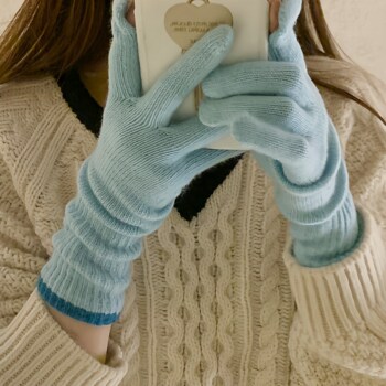 Red and Blue Striped Gloves for Women, Winter Warm Touchscreen-Compatible Fingerless Gloves for Students, Cycling, Cold Protection, Five-Finger Long Knitted Gloves