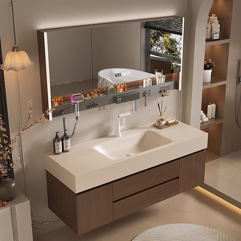 Bathroom Vanity Set in a Light Luxury Style, New Walnut Wood and Sintered Stone Integrated Basin, Bathroom Cabinet Combination, Washbasin Cabinet
