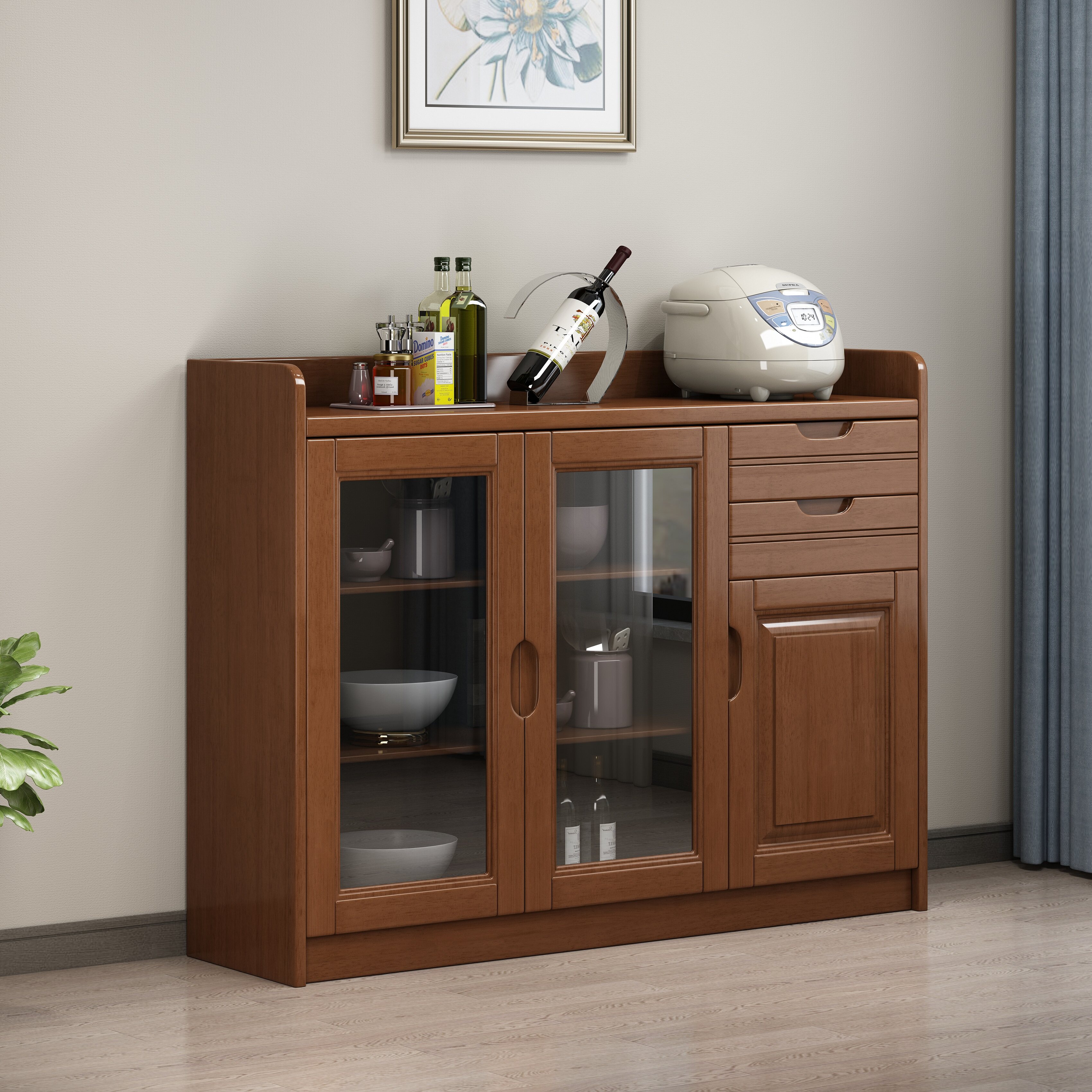 Solid wood sideboard against the wall wine cabinet living room dining room office multi-function storage glass tea cabinet kitchen cupboard