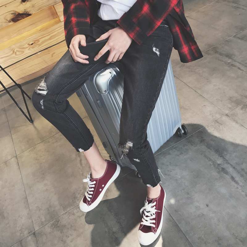 TIM呆呆新款破洞牛仔裤男小脚潮韩版黑色裤子男青年个性潮流男装