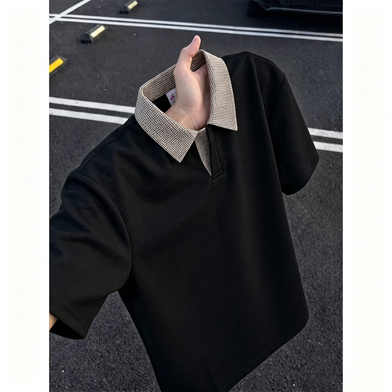 Black Houndstooth Fake Two-Piece Polo Shirt for Men, Summer Old Money Style Trendy Brand, Regular Shoulder Short-Sleeve Boxy Heavyweight T-Shirt Black Houndstooth Fake Two-Piece Polo Shirt for Men, Summer Old Money Style Trendy Brand, Regular Shoulder Short-Sleeve Boxy Heavyweight T-Shirt