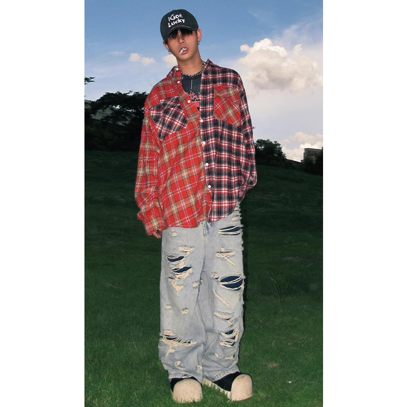 Red Patchwork Plaid Long-Sleeved Shirt for Men, Spring and Autumn Style, Trendy American Retro Loose Casual Couple Shirt Jacket Red Patchwork Plaid Long-Sleeved Shirt for Men, Spring and Autumn Style, Trendy American Retro Loose Casual Couple Shirt Jacket
