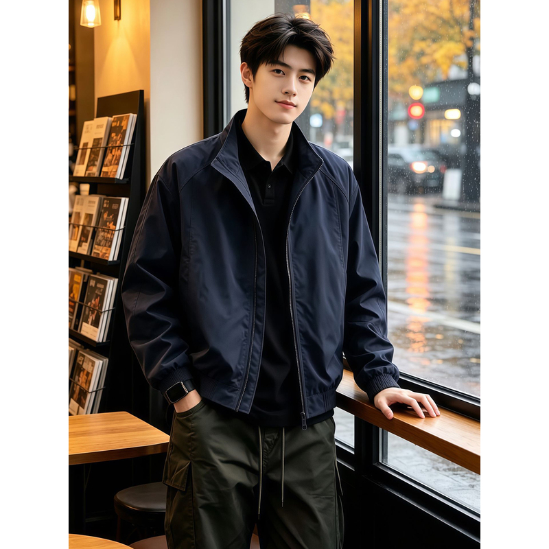 Navy Blue American-Style Three-Proof Coach Jacket for Men, Autumn Cleanfit Regular Shoulder Pilot Jacket, Outdoor Windbreaker