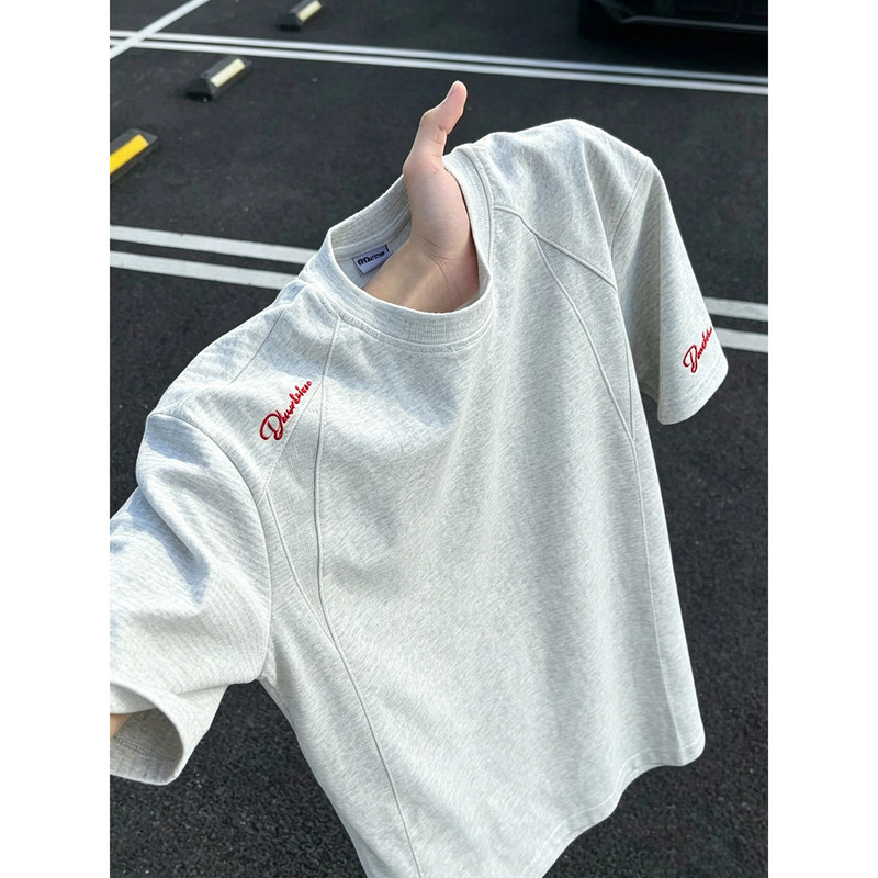 White Floral Gray Embroidered Patchwork Short-Sleeve Men's Summer American-Style Trendy Brand Crew Neck T-Shirt, Heavyweight Boxy Regular Shoulder Half-Sleeve