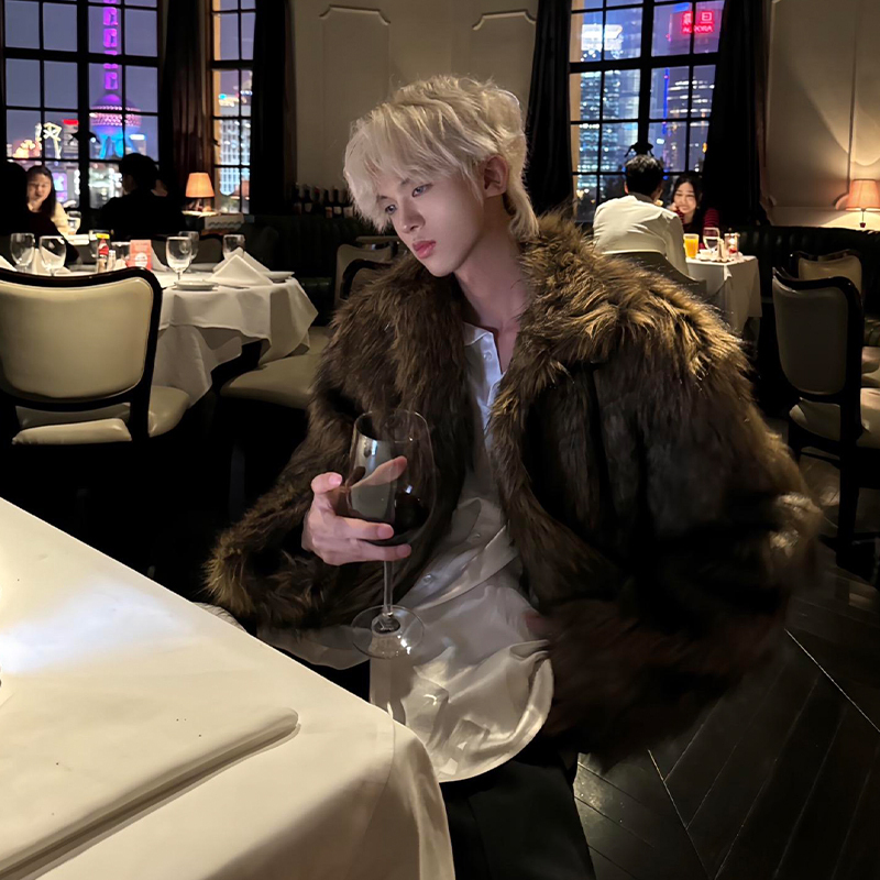 Melard Short Faux Fur Coat for Men, Winter Faux Fox Fur Integrated Haining Eco-Friendly Mink Fur Coat