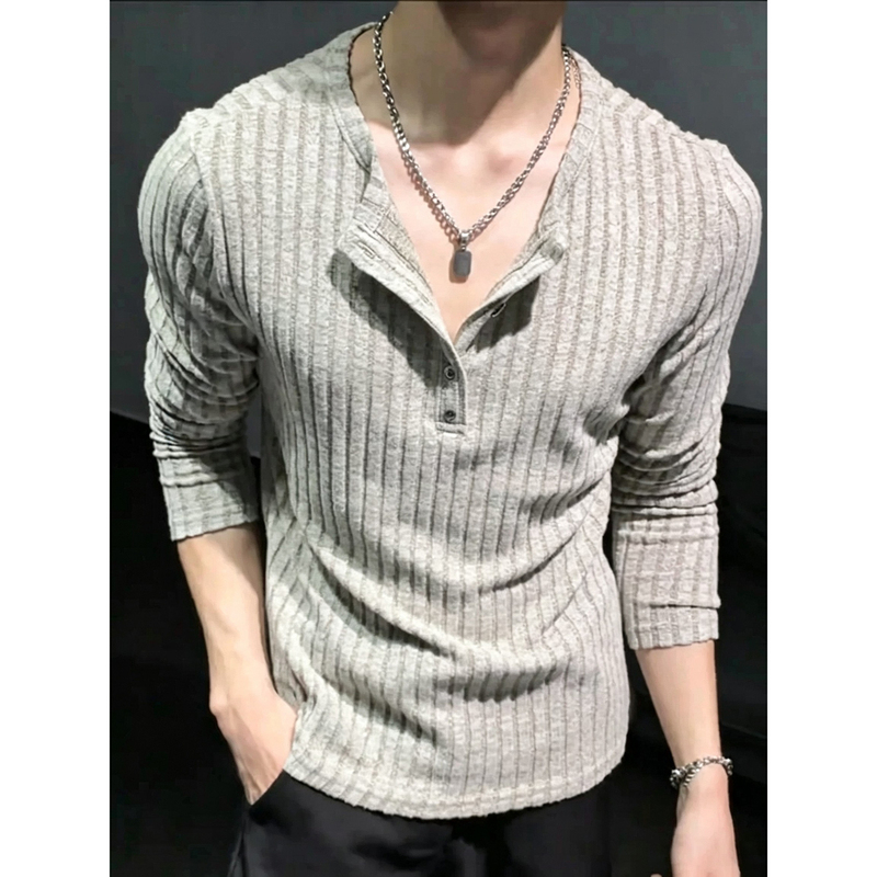 Henry Collar Long-Sleeve T-Shirt for Men, Autumn Fitness Sports Base Layer, Old Money Style, Relaxed and Lazy Vibe Top Henry Collar Long-Sleeve T-Shirt for Men, Autumn Fitness Sports Base Layer, Old Money Style, Relaxed and Lazy Vibe Top
