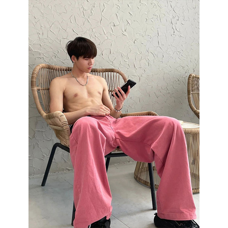 American Retro Pink Jeans Trendy Brand Men's Summer Thin Straight-Leg Work Pants Oversize Wide-Leg Pants
