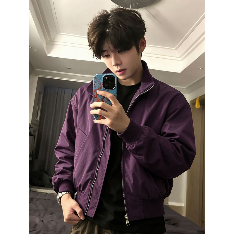 Purple Short Wide Boxy Flight Jacket for Men, Autumn Season, Triple-Protection Stand Collar Baseball Jacket, American-Style Cleanfit Regular Shoulder Coat