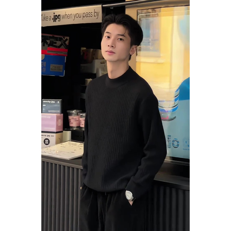 Black Half-High Collar Regular Shoulder Sweater for Men, Spring and Autumn Style, Mature Style, Striped Texture Knitwear, Warm Base Layer for Layering