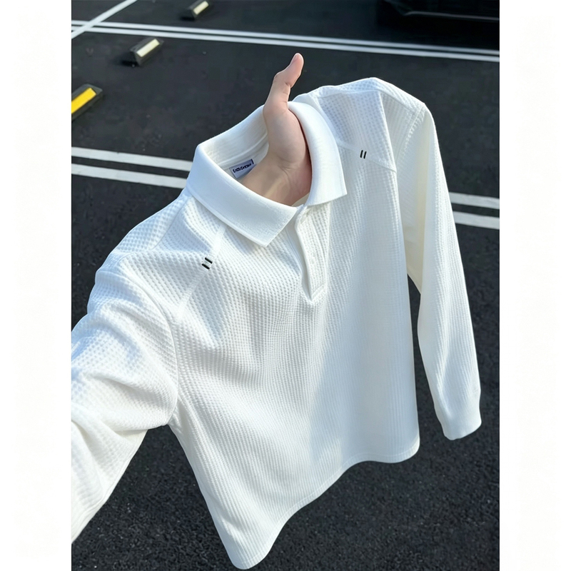 Cleanfit Waffle Long-Sleeve Polo Shirt for Men, Autumn Textured Embroidered Regular Shoulder Sweatshirt, High-End Base Layer Shirt Cleanfit Waffle Long-Sleeve Polo Shirt for Men, Autumn Textured Embroidered Regular Shoulder Sweatshirt, High-End Base Layer Shirt