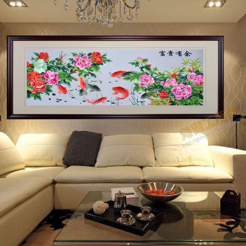 Natural silk line Soda embroidered finished living room decorated bedroom rich and more peony fish sofa background wall