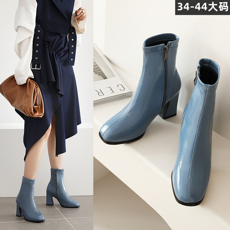 European and American Style Spring and Autumn Square-Toe Chunky Heel Short Boots, Large Size High-Heeled Women's Slimming Haze Blue Side Zipper Trendy Martin Boots