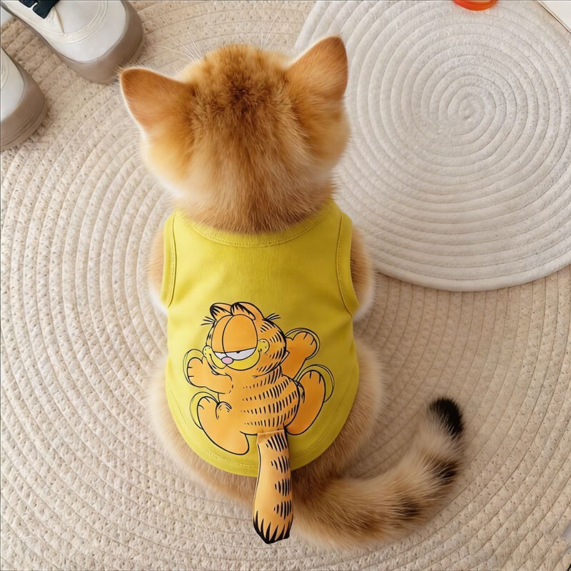 Cat Clothes for Summer, Cute Cartoon Coffee Cat Print, 3D Tail Vest, Gold Gradient Ragdoll Cat Anti-Shedding