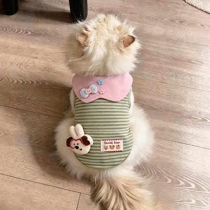 Pet Cat Clothes Cute Cartoon 3D Doll Lapel Striped Vest Anti-Shedding Golden Gradient Ragdoll Kitten